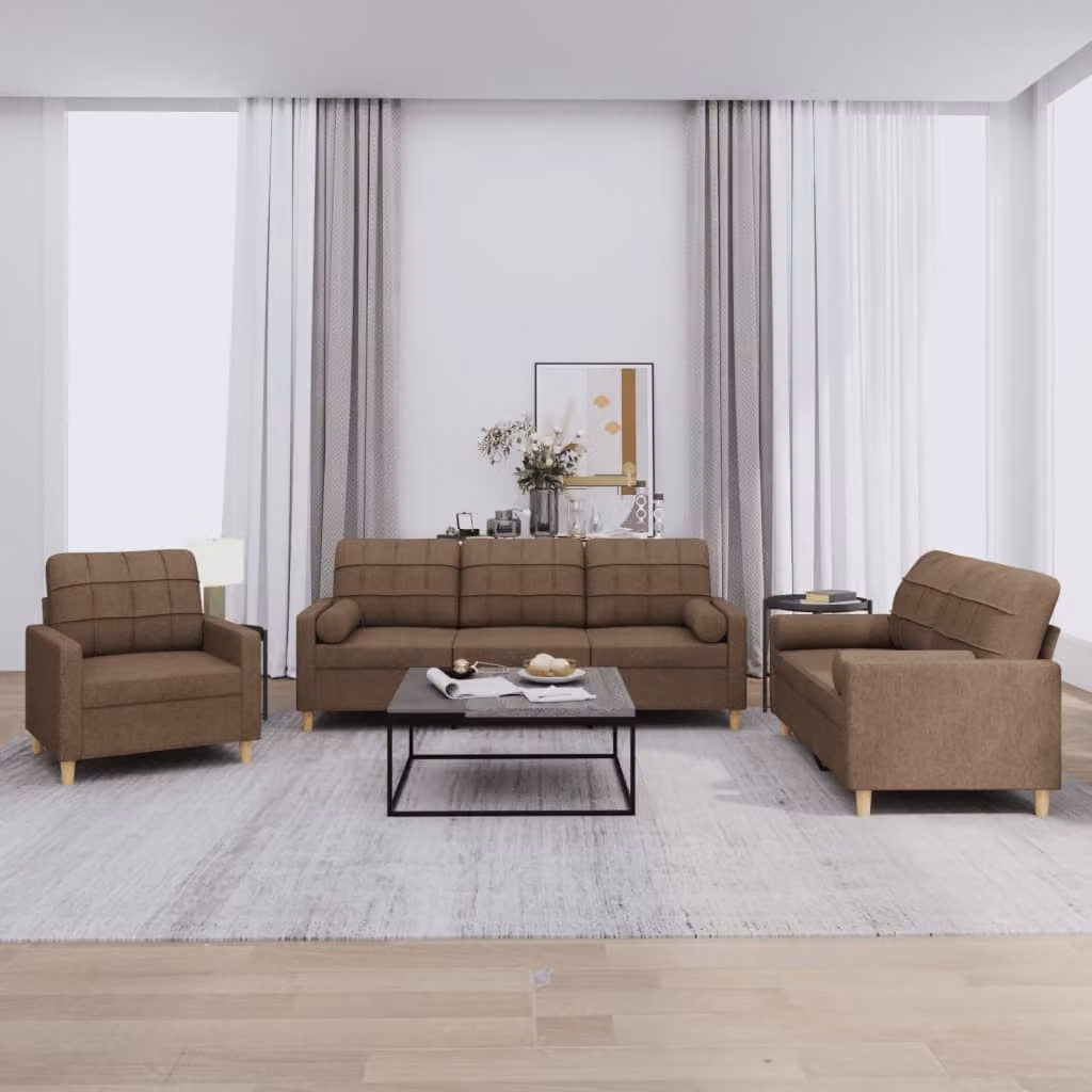 Set di divani 3 pezzi vidaXL in tessuto marrone con cuscini per soggiorno moderno – 1