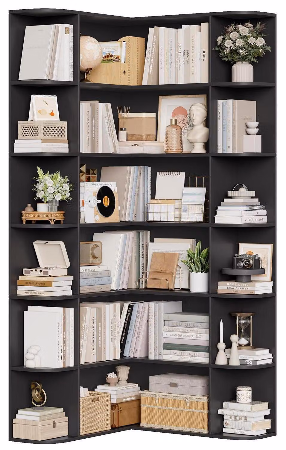 Libreria a colonna, 6 ripiani, forma a L, altezza 185 cm, colore nero, dimensioni 80 x 84 x 185 cm