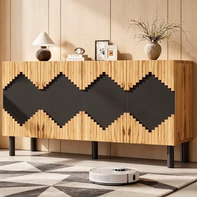 Sideboard moderno 140x40x70 cm, 2 ante con serratura, motivo a rombi, truciolato robusto e MDF, portata 50 kg, colore legno+nero, per soggiorno sala da pranzo ingresso