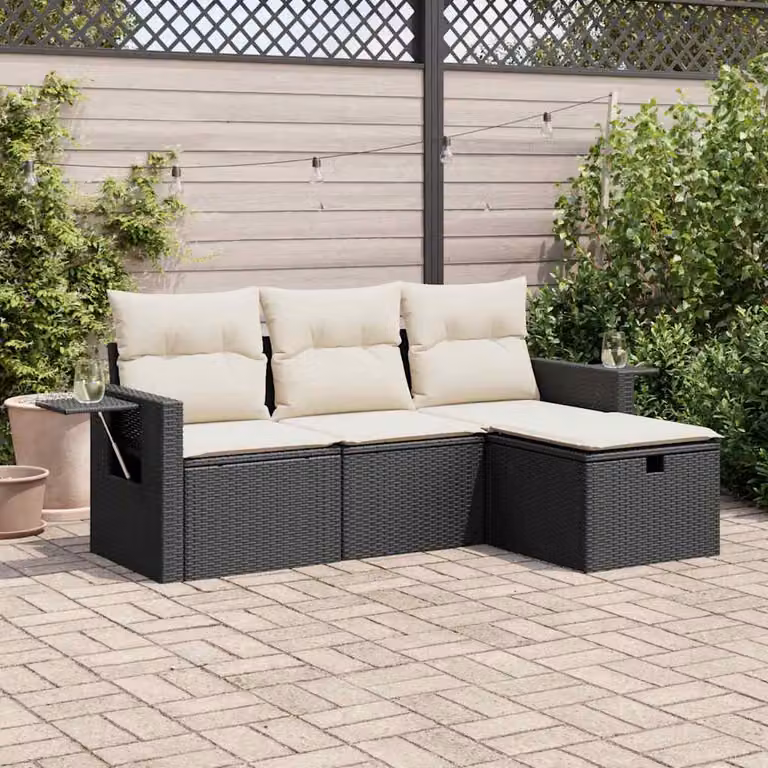 Set di divani da giardino vidaXL in polyrattan nero con cuscini e pouf a forma di L