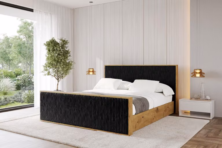 Letto imbottito ALTDECOR con contenitore -ENZO10-Z 180x200 Nero, letto a doghe con testiera e vano contenitore, letto matrimoniale senza materasso