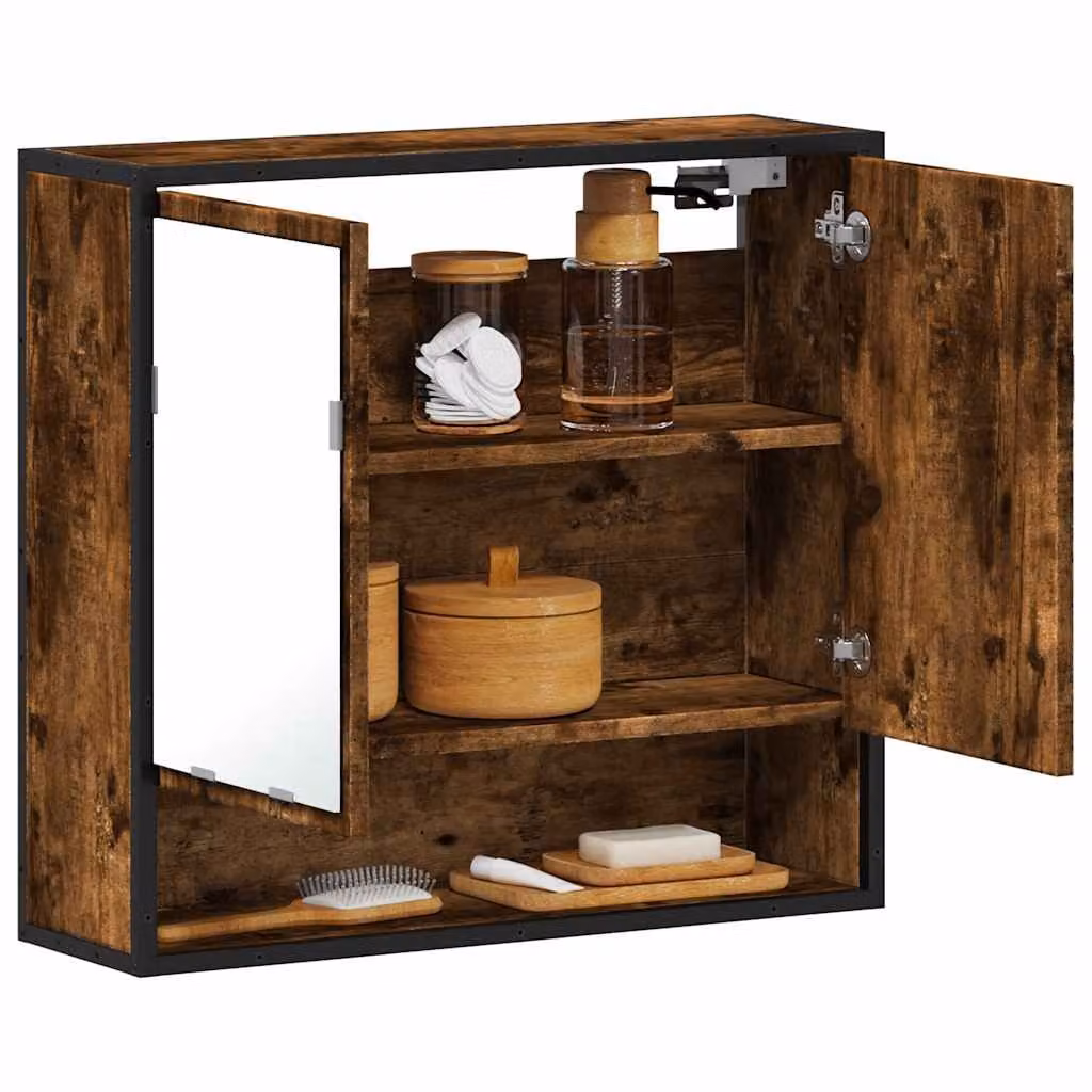 Mobiletto da bagno con specchio vidaXL in rovere fumo e legno multistrato, L: 65 cm, P: 20 cm, H: 60 cm