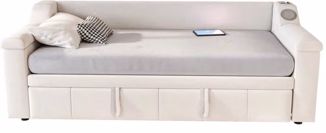 Divano letto estraibile 90/180x190 cm con Bluetooth; USB e vani portaoggetti in velluto beige