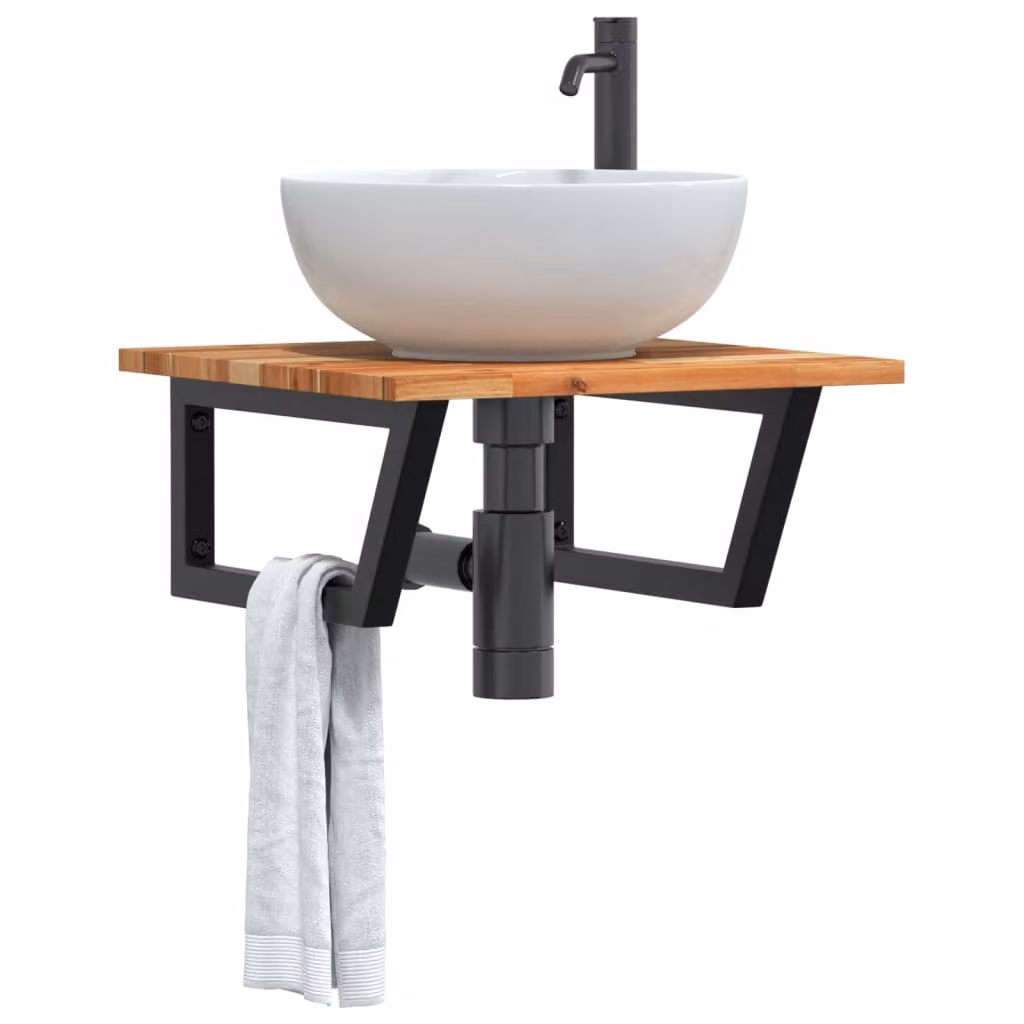 Ripiano a parete per lavabo vidaXL in legno di acacia oliato e metallo nero e marrone