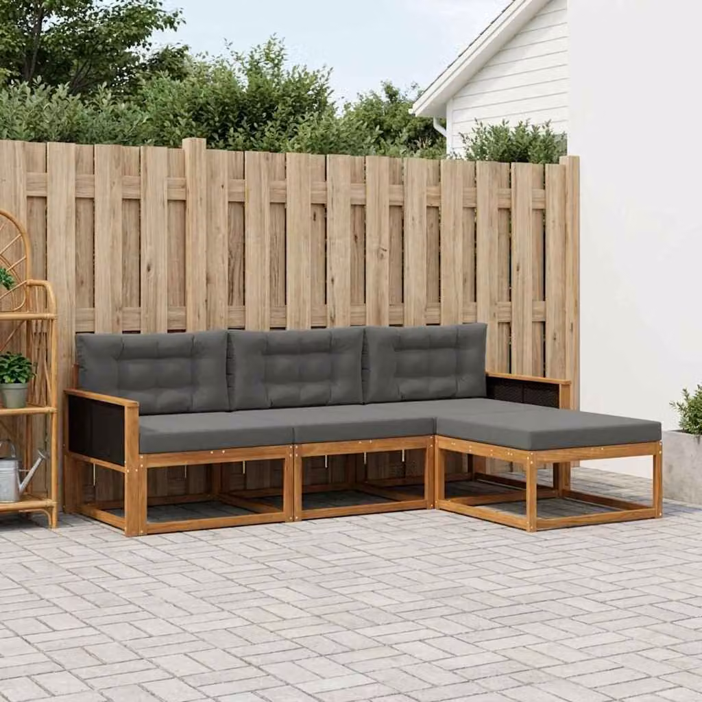 Set di divani da esterno vidaXL a forma di L con pouf, in legno di acacia e tessuto antracite e marrone
