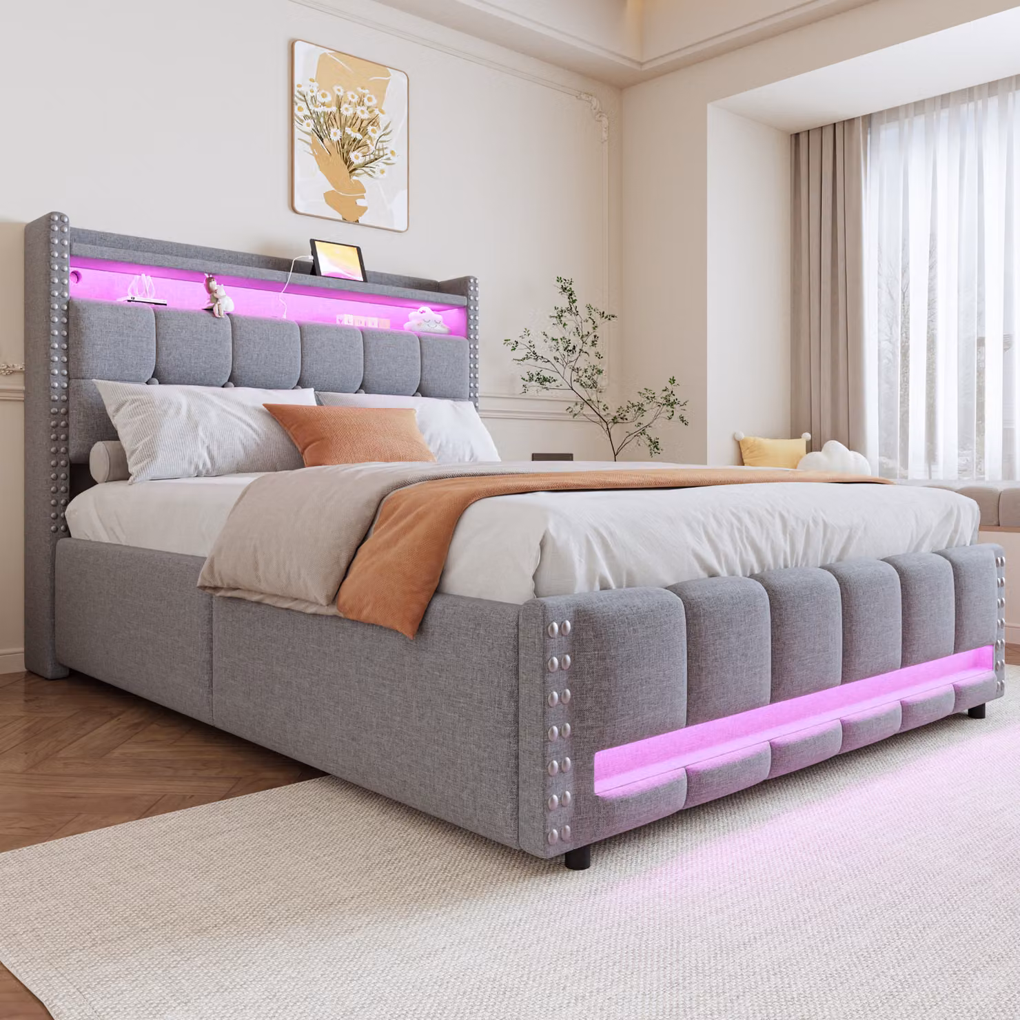 Letto imbottito MODFU (140x200 cm), letto multifunzionale, letto matrimoniale, letto contenitore, letto per ragazzi, con sistema di contenimento idraulico e illuminazione LED, grigio chiaro
