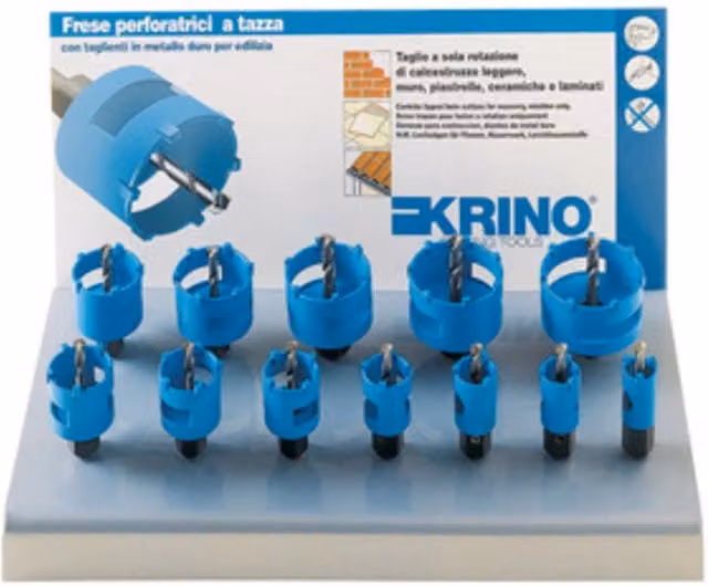 Espositore per frese da edilizia Krino in vetro blu, confezione da 12 pezzi, D 22 x 65 mm