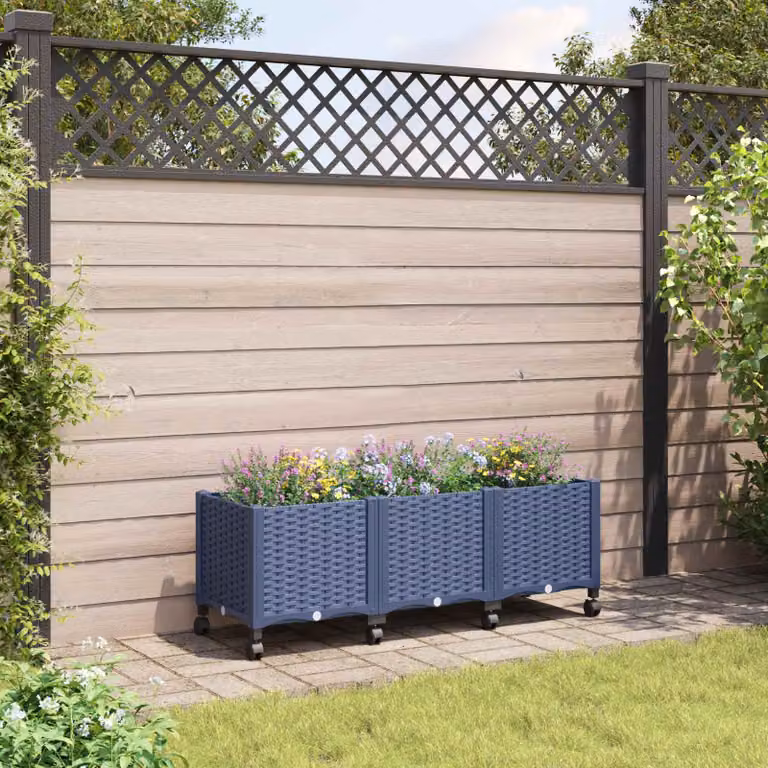 Vaso da giardino con ruote vidaXL in plastica, Blu e Grigio, L 120 x P 40 x H 44 cm