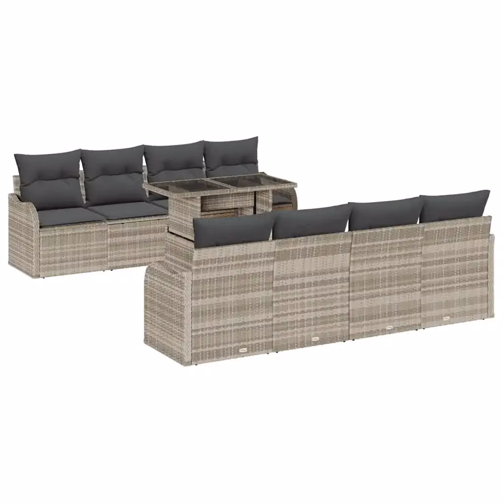 Set Divano da Giardino a Forma di U vidaXL con Tavolino in Vetro e Cuscini, 9 Pezzi, Grigio, 8 Posti – 2