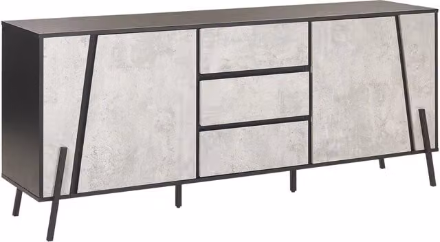 Madia credenza BELIANI in stile industriale con effetto cemento, 2 armadi e 3 cassetti, colore grigio e nero, L: 177 cm, H: 75 cm, P: 40 cm – 1