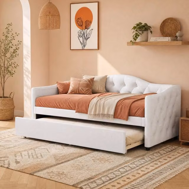 Letto singolo 90x200 cm beige con letto estraibile, struttura in lino e MDF
