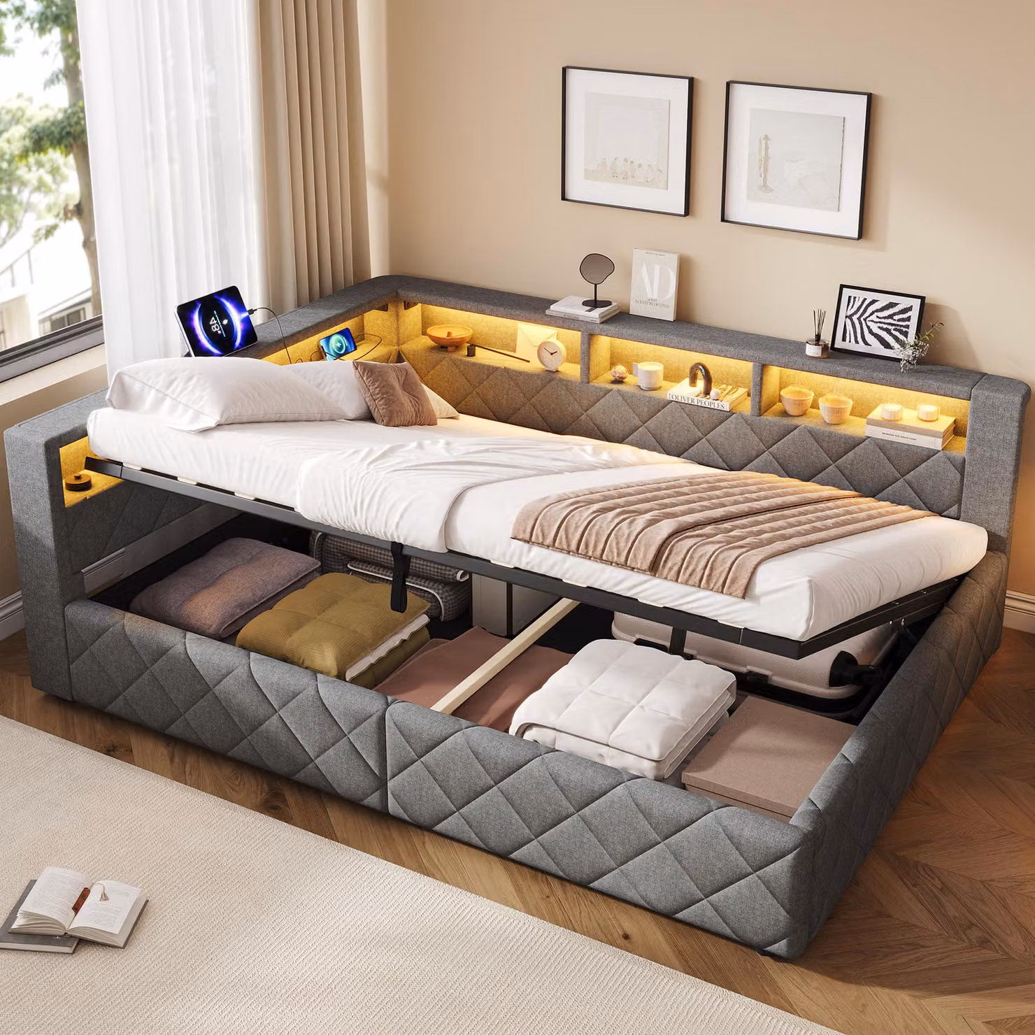 Divano letto Flieks 140x200 cm con porta USB e finiture in pelle, letto imbottito matrimoniale con spazio contenitore, divano letto da giorno con sistema idraulico e vani a giorno, colore: lino, grigio