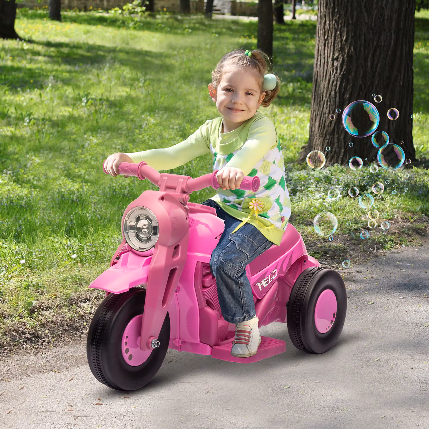 Moto elettrica AIYAPLAY per bambini 2-5 anni con 3 ruote, luci, suoni e funzione bolle, rosa – 2