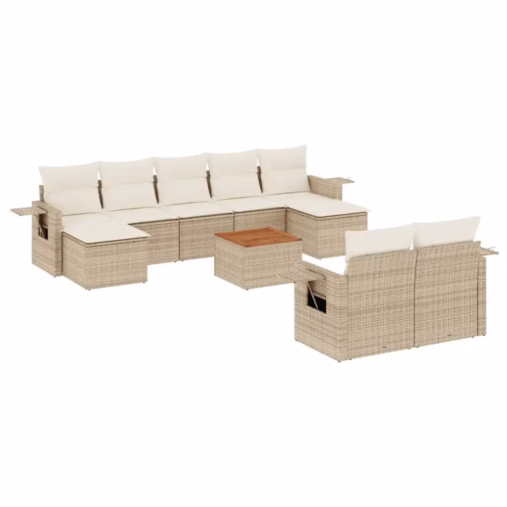 Set Divano da Giardino vidaXL 10 Pezzi in Polyrattan Beige con Cuscini e Tavolino da Esterno – 2