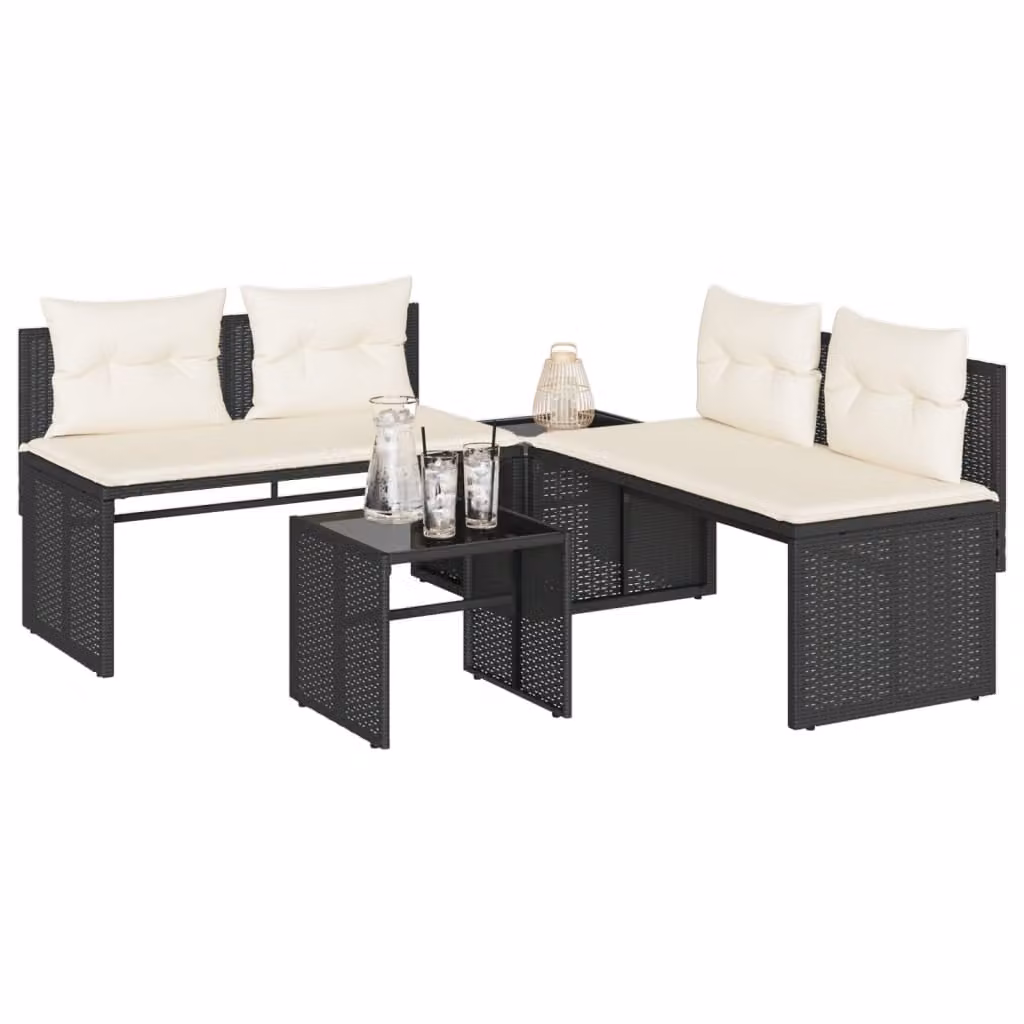 Set da giardino vidaXL 4 pezzi in rattan con cuscini e tavolino nero