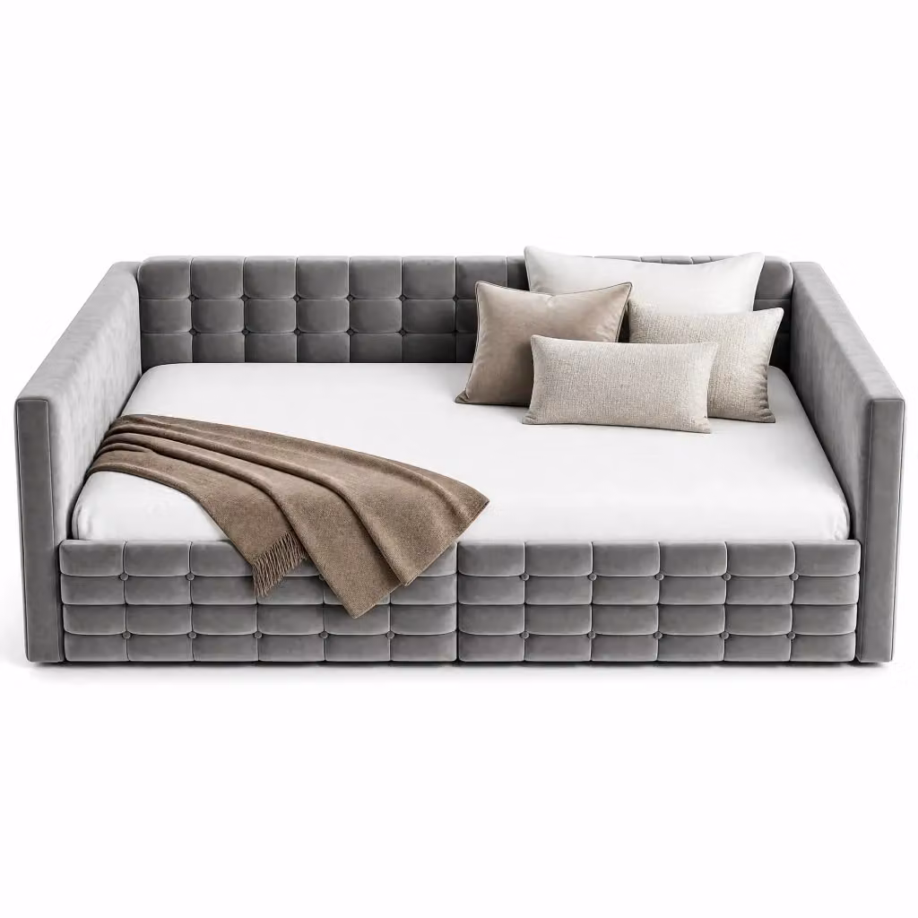 Letto Divano 2 posti con 2 cassetti e 4 tasche portaoggetti in velluto grigio L/P/H: 140 x 190 cm – 2