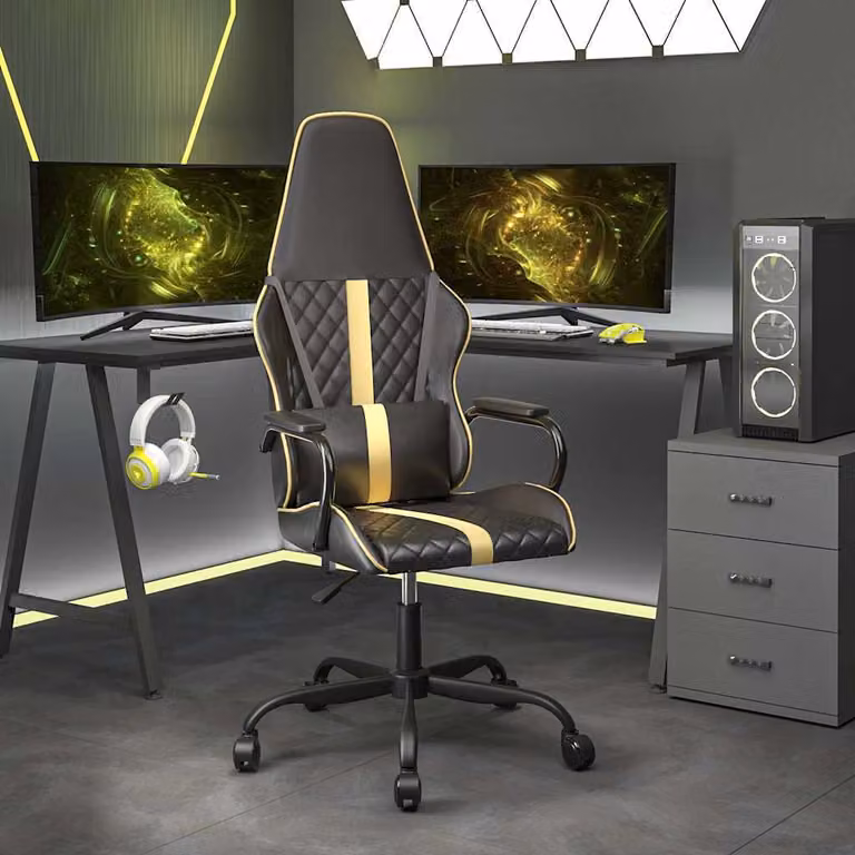 Sedia da Gaming vidaXL in Similpelle Oro e Nero con Poggiatesta e Ruote