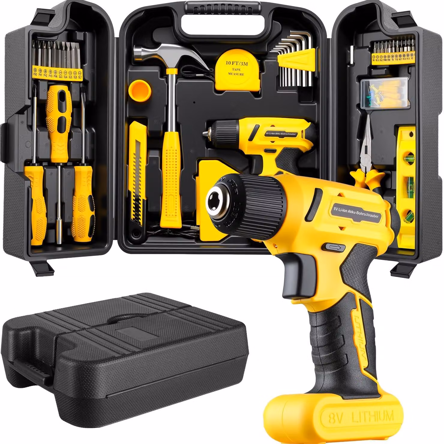 Set di attrezzi - 101 pezzi - Trapano avvitatore a batteria 8 V - Motore brushless - USB-C - Attrezzi manuali