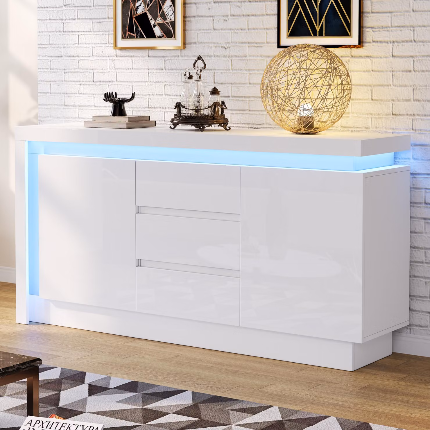 Credenza Sweiko 140x35x72cm, cassettiera per camera da letto, soggiorno, tavolino con 3 cassetti, credenza con ripiani regolabili e 2 ante, credenza per divano lucida con LED, bianco