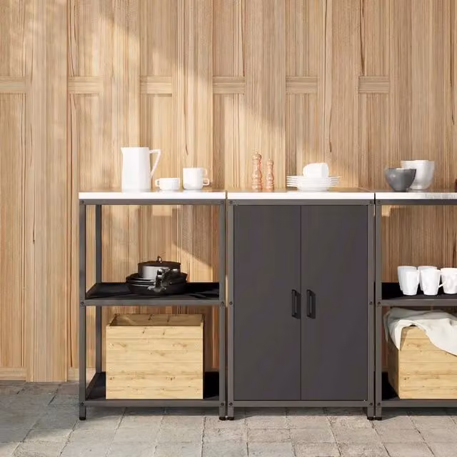 Set di stoccaggio per cucina e giardino vidaXL in metallo nero opaco con ante a battente