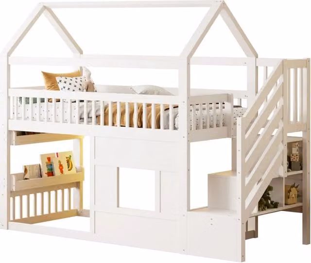 Letto a soppalco 90x200 in legno bianco con scale contenitore e illuminazione LED