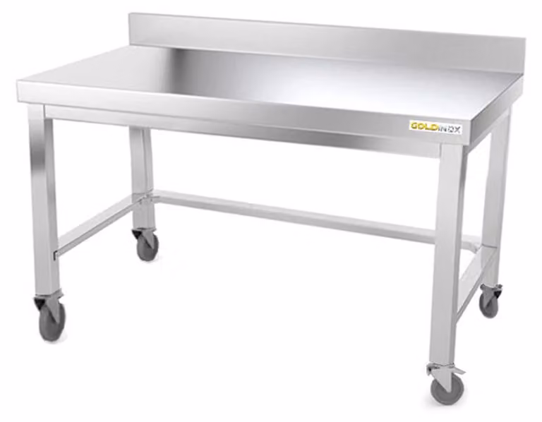 Tavolo da lavoro in acciaio inox, base da 1600 x 600 mm, con supporto a parete e rinforzi, montato su ruote, serie PREMIUM - GOLDINOX