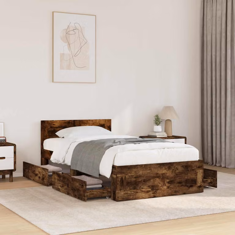 Set di 2 strutture letto vidaXL in legno ingegnerizzato color rovere fumo marrone con cassetti per camera da letto moderna