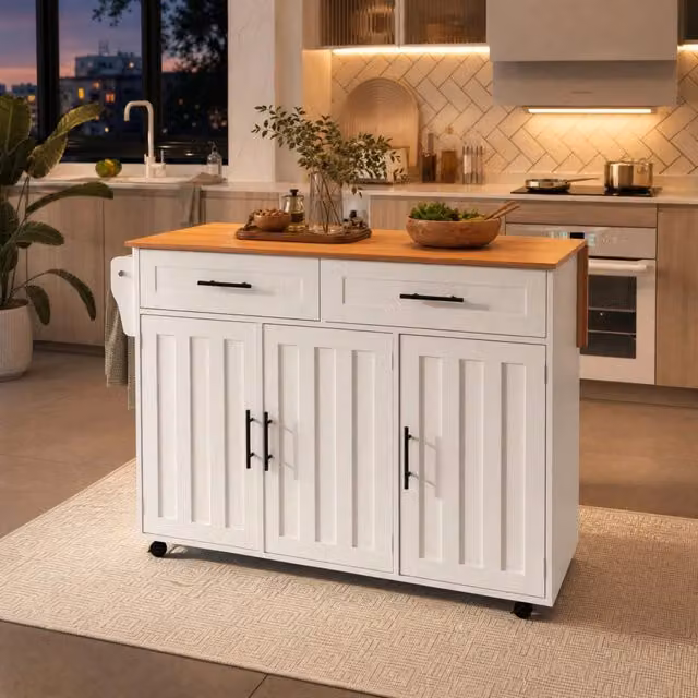 Isola da cucina ULEVR 129 cm con piano pieghevole, 2 cassetti e 5 ruote con freno, bianca effetto legno