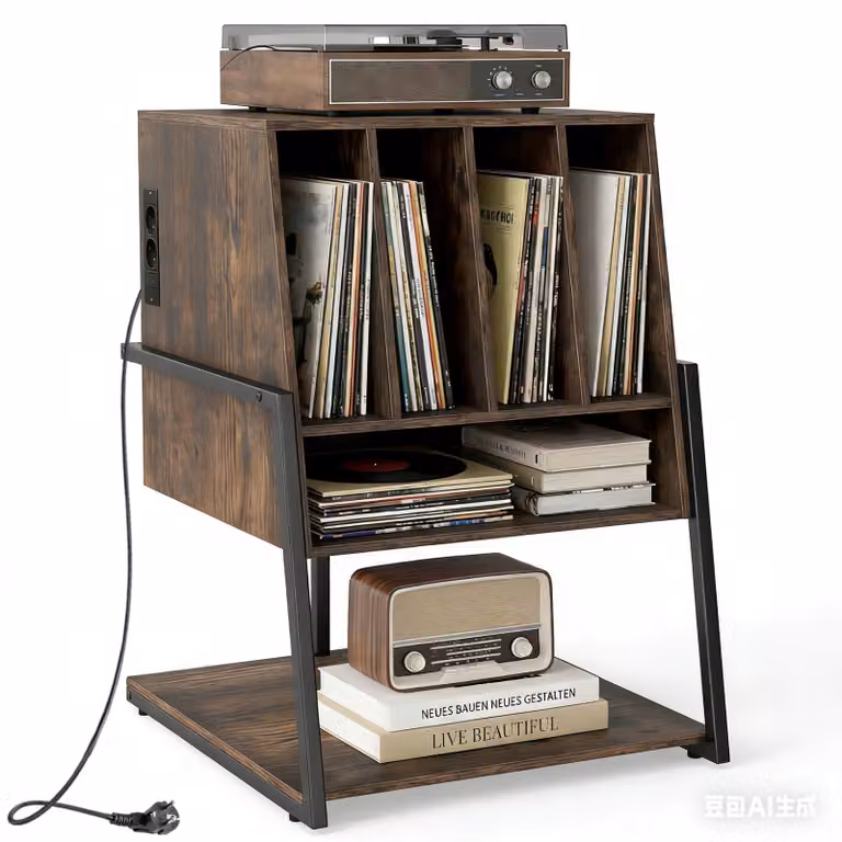 Mobile porta giradischi Costway in legno marrone con 4 scomparti e prese di corrente integrate