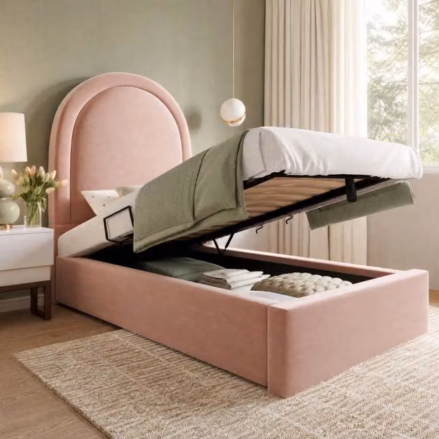 Letto singolo con contenitore Mivray con testiera imbottita in velluto rosa e rete a doghe idraulica L/P/H: 206 x 90 x 91 cm