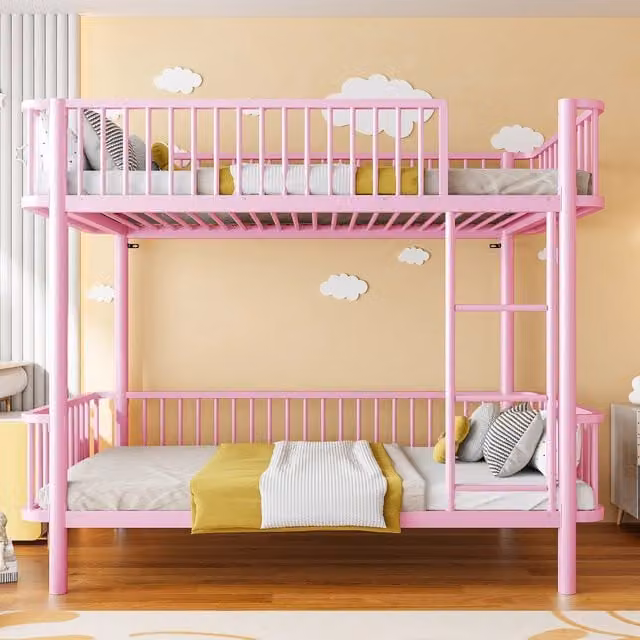 Letto a castello in metallo 90x200 cm rosa; salvaspazio con sponde di sicurezza e angoli arrotondati