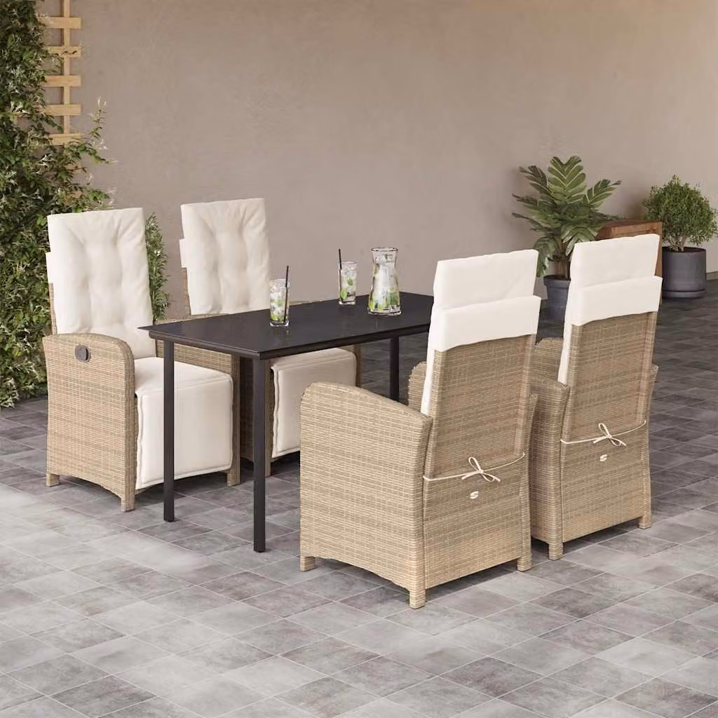 Set da Pranzo da Giardino 5 pz vidaXL in Polyrattan con Cuscini Beige e Tavolo in Vetro – 1