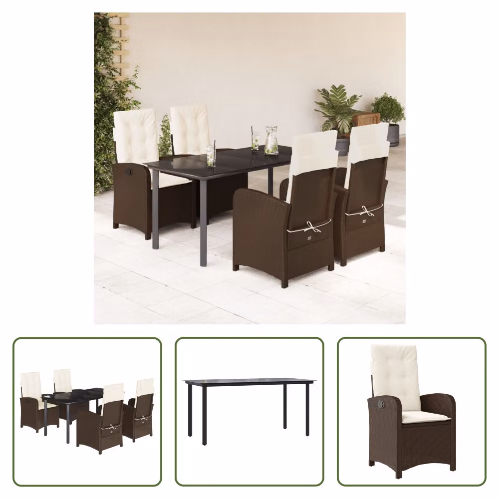 The Living Store Set da pranzo da giardino 5 pezzi con cuscini in polirattan marrone