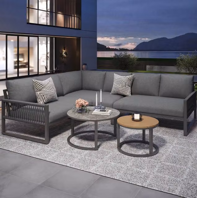 Salotto da giardino moderno a forma di L con elementi angolari e tavolino, in metallo grigio con cuscini inclusi, L/P/H: 123 x 68 x 86 cm