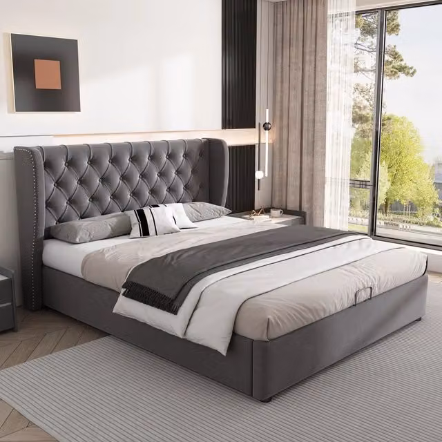 Letto matrimoniale imbottito 140 × 200 cm con contenitore idraulico rete a doghe velluto grigio