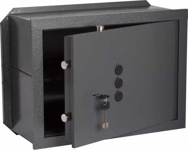 Cassaforte da muro Cisa Art. 82210 in acciaio grigio con chiusura a chiave e combinatore L 36 cm x H 24 cm x P 20 cm