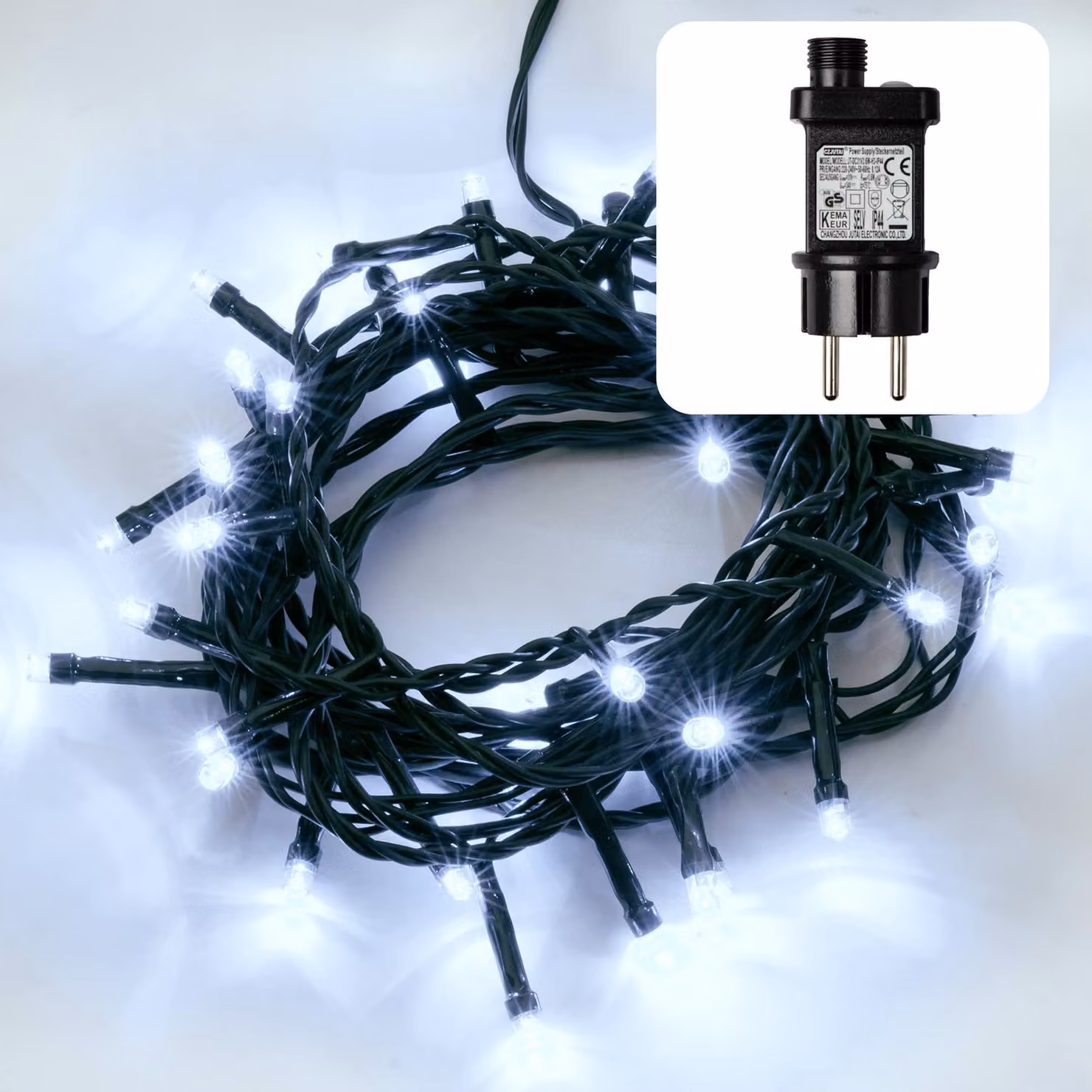Catena luminosa a LED, lunghezza 3,9 metri, 40 LED bianco freddo, con timer, cavo verde