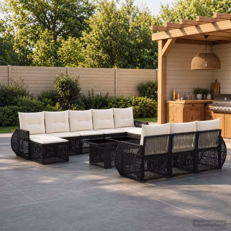 Set Divano da Giardino vidaXL 11 pz in Polyrattan Nero e Bianco Crema con Cuscini per Terrazza e Giardino