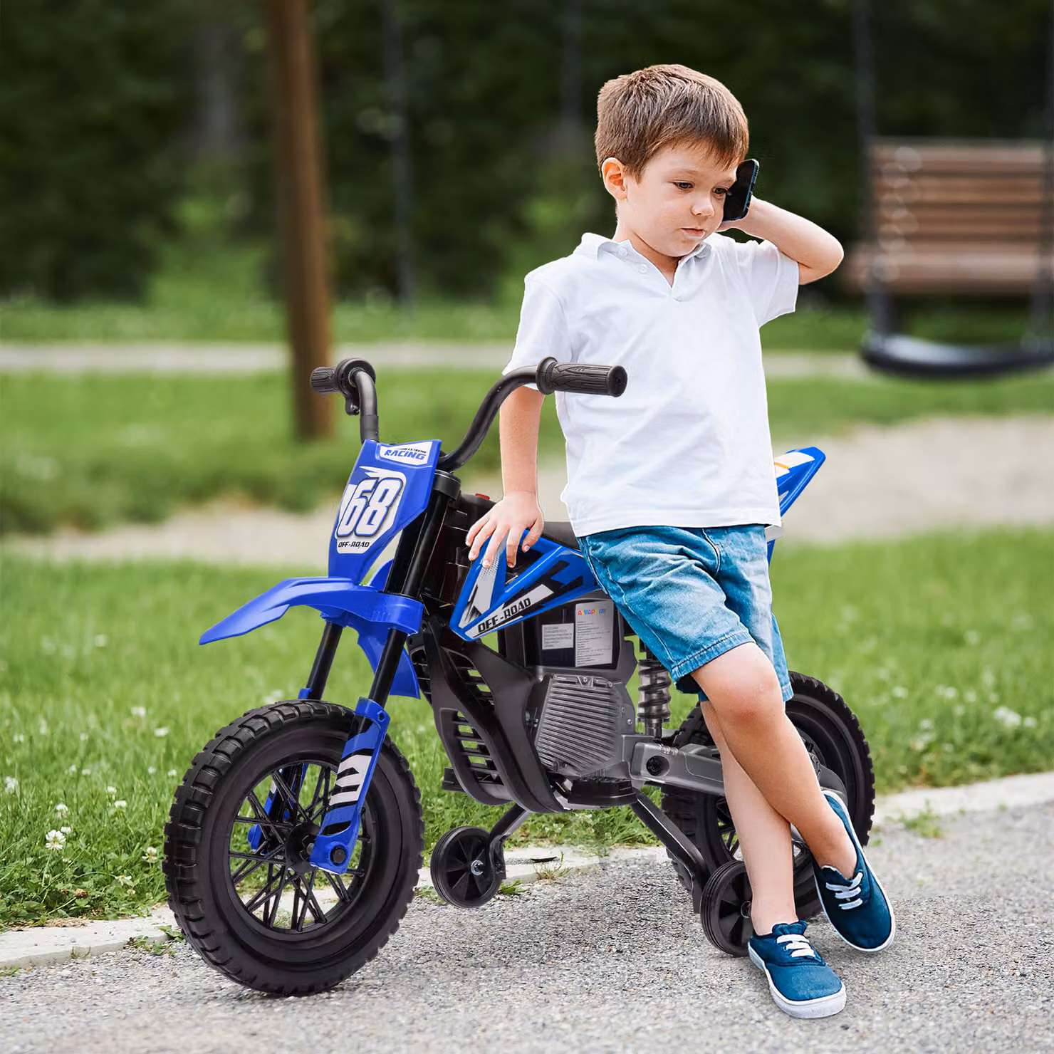 Moto Elettrica per Bambini AIYAPLAY con Rotelle Rimovibili, Sospensioni, Suoni e Indicatore di Carica, Blu – 2