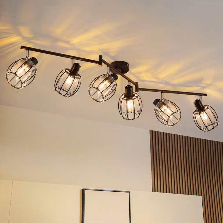 ZMH faretto da soffitto 6 fiamme lampada da soffitto camera da letto faretto da soffitto vintage paralume di cristallo plafoniera E14 nero retrò 350° faretto orientabile per camera da letto (senza lampadina)