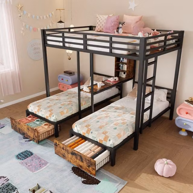 Letto a castello 3 posti 140×200 cm e 90×200 cm con barriere, 2 cassetti e vani, senza materasso, nero