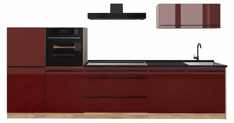 Cucina componibile Vicco R-Line Rosso lucido/Rovere dorato 340 cm piano di lavoro Antracite, Model 66529