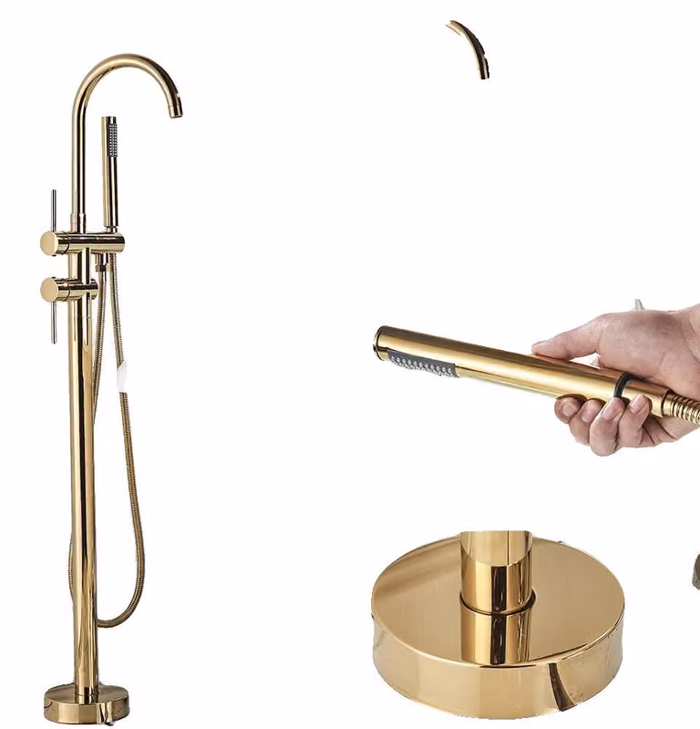 Rubinetto per vasca da bagno, design freestanding, bocchetta girevole a 360°, finitura dorata