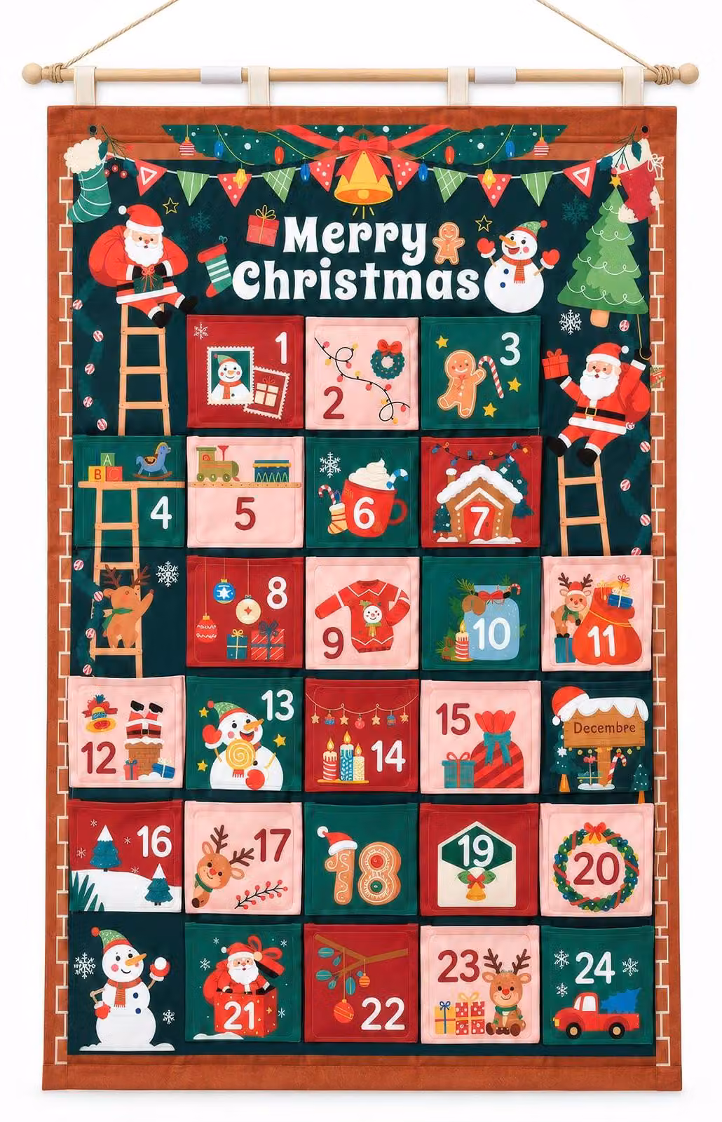 Calendario dell'Avvento in tessuto, multicolore, dimensioni 30x20x1 cm, da riempire