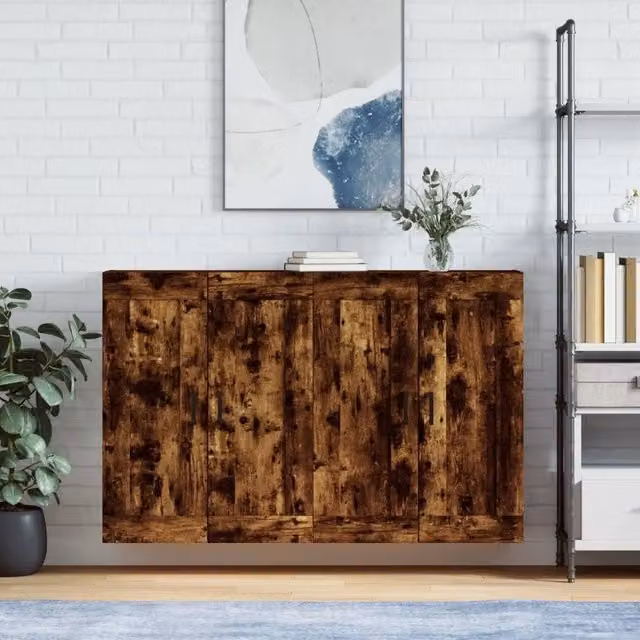 Set di 2 armadietti da parete vidaXL in legno e metallo color rovere fumo marrone con ante a battente e ripiani interni per bagno in stile moderno