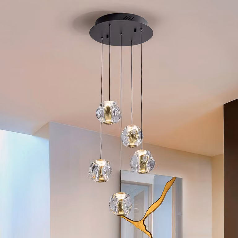 Schuller Valencia Lampada LED a sospensione Zaira, Ø 33 cm, nero/oro, 5 luci. dimmerabile, Chiaro / Trasparente, Soggiorno / Sala da pranzo, Metallo