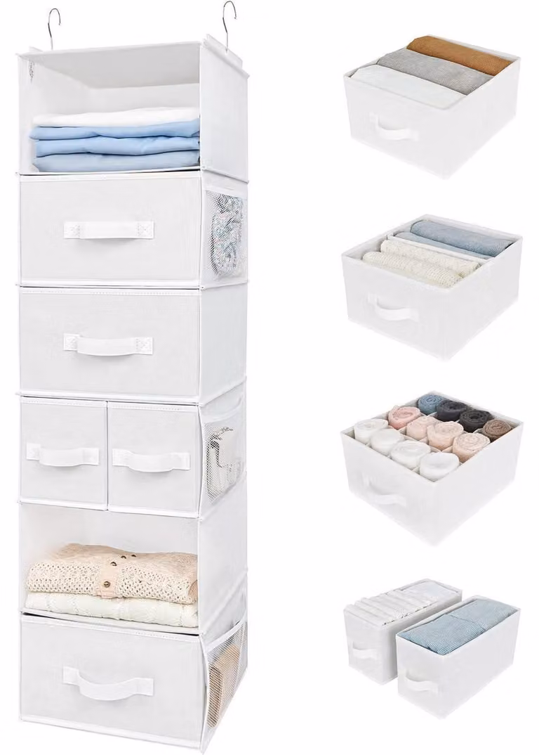 Organizzatore da appendere con 5 cassetti e 6 tasche laterali, colore bianco, realizzato in tessuto non tessuto, dimensioni 31x35x118,4 cm