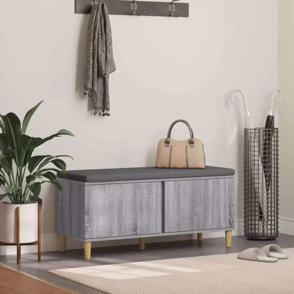 Panca per ingresso Sonoma grigia con cuscino in tessuto e porta scarpe L: 100 cm, P: 38 cm, H: 46 cm – 2