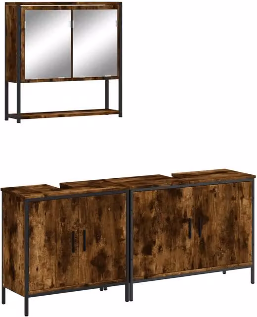 Set Mobili da Bagno | Armadio da bagno 3 pz Rovere Fumo in Legno Multistrato