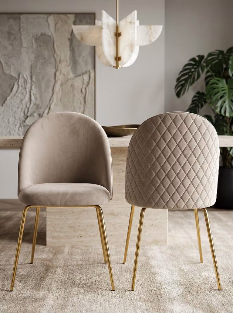 Set di 2 sedie da pranzo di design in velluto beige imbottite, sedie da cucina in tessuto con gambe dorate, sedie a guscio in stile scandinavo, sedie imbottite con rivestimento in velluto
